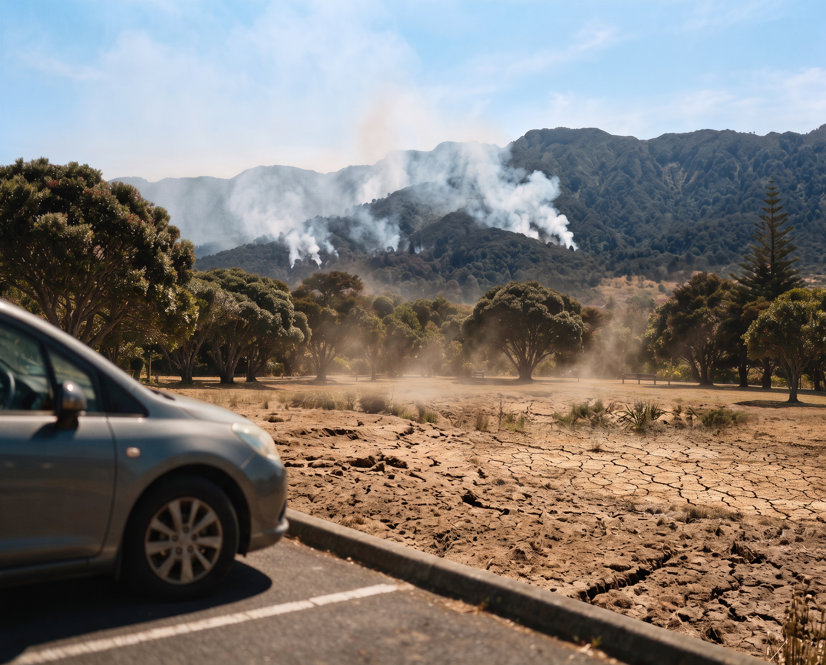 An image showing drought-like dry, cracked ground conditions and smoke emerging from hills in the background