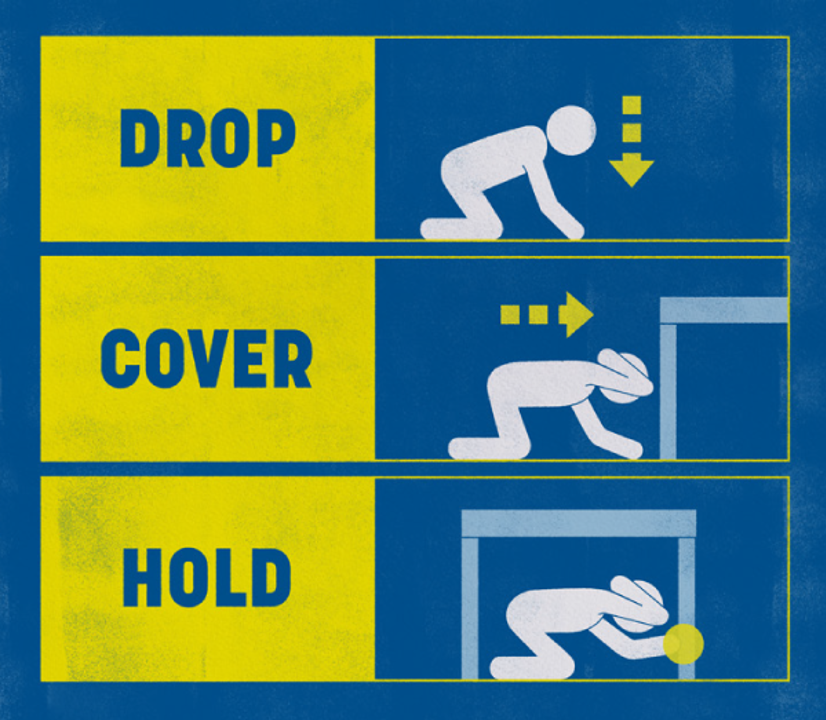 A cartoon showing a person dropping to the floor, covering their head, and holding the leg of a table.